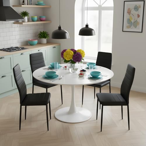 GOKHOMX Ensemble Table a Manger Ronde 110 cm avec 4 Chaises, Ensemble Table et Chaises Salle a Manger en Similicuir Noir, pour Cuisine Salle à Manger Salon...