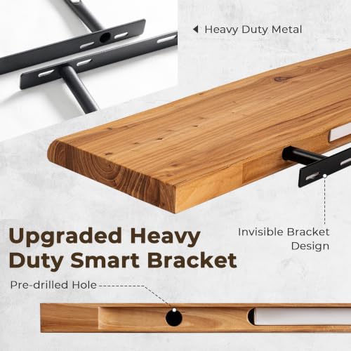 Image of Live Edge Elm Floating Shelves - 24 In Rustic Solid Wood Shelves with Heavy-Duty Invisible Bracket, Wall-Mounted Wooden Shelf for Living Room, Bathroom, Kitchen Storage & Display, Set of 2, Natural