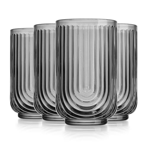 Glaver's Vintage Glassware Art Deco Glasse Ribbed Drinking Glasses U-Shape Arch Design Colored Cocktail Kitchen Tumblers Everyday Dinner Decorative Party (Smoke S/4 17oz) by Glaver's - Image 9