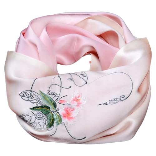 Idée cadeau luxe femme avec ce châle en soie rose brodé main