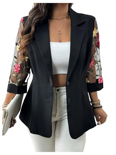 WDIRARA Women's Plus Size Floral Embroidered Mesh Button Down Blazer 3/4 Sleeve Collared Suit Jackets