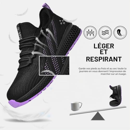 SPIEZ Chaussures de sécurité Femme, Chaussures de Travail légères avec Coque en Composite, Sneakers de sécurité sans Lacets antidérapantes, Noir-Violet, Taille EU 35-41 – vue 6