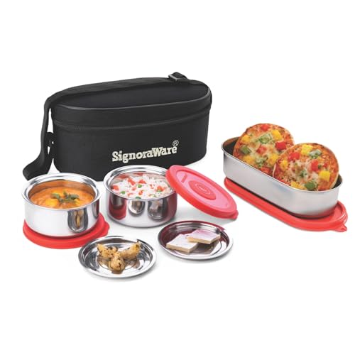 Image of Signoraware Double Decker Stainless Steel Lunch Box | Airtight & Leakproof | Ideal for Office & School Meals | Great for Travelling & Outdoors (260ml + 260ml + 650ml | Red)