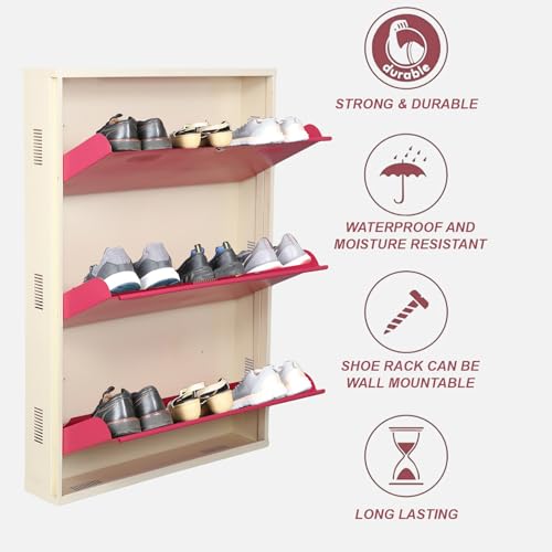 Image of Metal Shoe Rack Wall Mounted for Home with Central Locking |3 Door 28 inch Wall Mounted Metal 9 Pair Shoe Rack Cabinet | Pre-Assembled Rack Shelves |3 Year Warranty (Pink & Ivory)