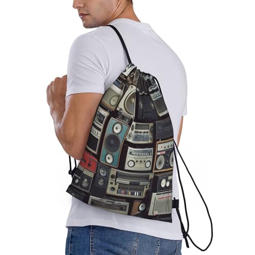 Vintage Wall of Radio Boombox Drawstring Backpack for Men Gym Bag String Bag Waterproof Drawstring Bag for Women Swim Bag Medium3
