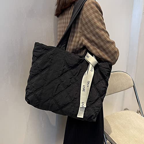 Image of Puffer Quilted Tote Bag for Women Puffy Padded Crossbody Purse Soft Lightweight Shoulder Bag with Zipper