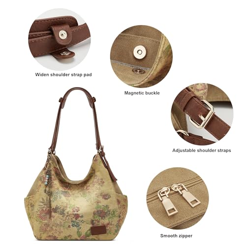 Image of Worldlyda Women Canvas Hobo Purse Multi Pocket Tote Shopper Shoulder Bag Casual Top Handle handbag with Embroidery Ethnic