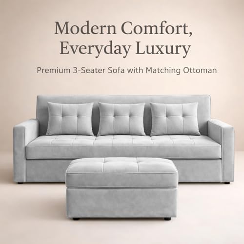 Image of Emilio 3 Seater with Ottomon Pull-Out Sofa Cum Bed (Grey Color) Premium Fabric Sofa Set for Living Room | Bedroom