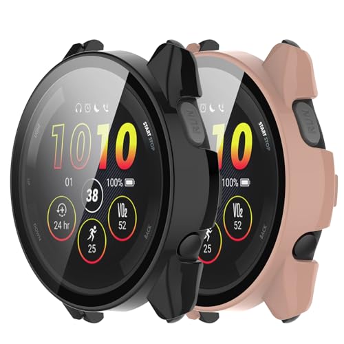 Intended for Garmin Forerunner 165 & Forerunner 165 Music Screen Protector Cover Tempered Glass Screen All-Round PC Matte Protector Case Set for Forerunner 165 for Women Men (Black&Pink, Fr165)