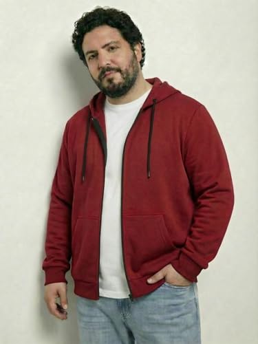 Image of UNSTD Men Solid Maroon Zip-Up Hoodie | Full Sleeve Hooded Sweatshirt with Kangaroo Pockets | Casual Winter Wear for Men
