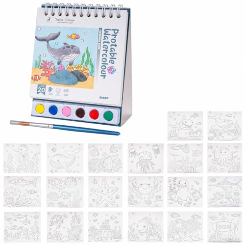 Acuarelas para niños, 20 páginas de plantillas de mundo del agua, libro para colorear con 1 pincel y acuarelas para niños, regalo de cumpleaños DIY