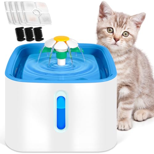JUQG Bebedero para Gatos 2.5L con Cuatro Filtros de Carbón Activado, Fuente de Agua para Mascotas Ultra Silenciosa con luz LED - Sistema de Filtración Cuádruple, Tres Modos de Flujo de Agua