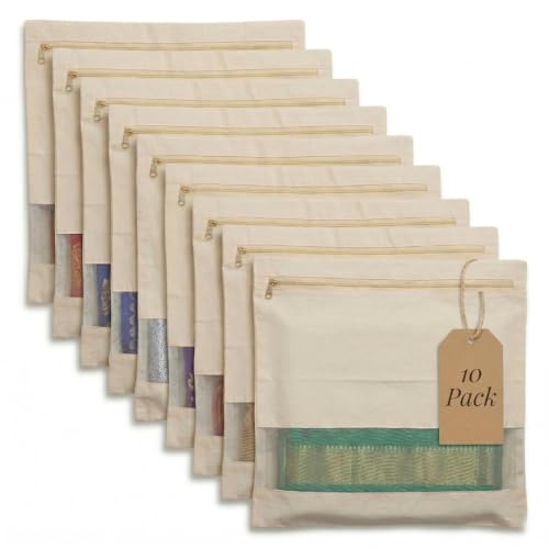 Image of Hollerich Cotton Saree Storage Bags Covers Big Size Single 16 x 14 Inches with Zip Closure for Clothes, Sarees, Garments, Wardrobe Organizer with Mesh Window - Beige (Pack of 10)