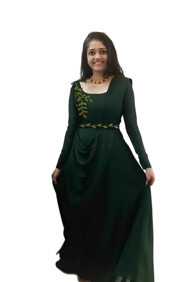 Elegant Dark Green Full-Sleeve Anarkali Dress with Golden Leaf Embroidery, Perfect for Festive Occasions, Parties, and Traditional Events, Featuring a Flowing Silhouette and Comfortable Fit-image-35