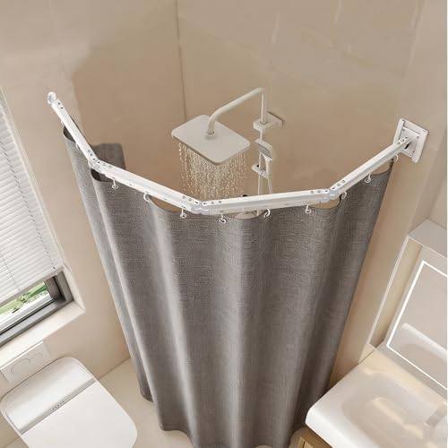 Faltbare Duschvorhangstange Ohne Bohren, 4-fach Faltbar & Drehbar, Aluminiumlegierung, mit 180 x 200 cm Wasserdichtem Antischimmel Duschvorhang, Für Badezimmer Badewanne (Weiß/Grau)