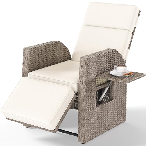 YITAHOME Outdoor Recliner Chair Patio Wicker Lounge Chair with Adjustable Angle Flip Table Reclining Lounge Chair for Outside with Thick Cushions for Deck Backyard Pool Side Beige