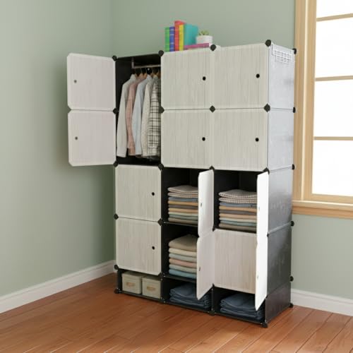 Image of KRISHYAM12-Cube Modular Wardrobe with Doors, Hanging Rod & 3 Shoe Boxes, Space-Saving DIY Closet Organizer for Clothes, Shoes, Toys & Home Storage,