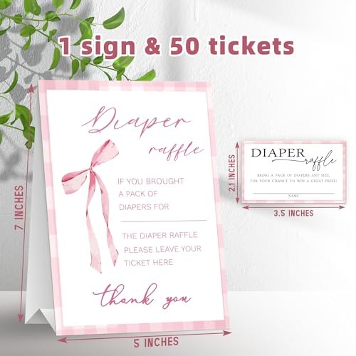 Image of Diaper Raffle Set For Baby Shower - Pink bow - 1 Standing Sign & 50 Diaper Raffle Tickets, Gender Reveal, Baby Announcement Party Decorations & Supplies - A15