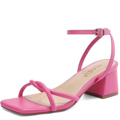 Image of TEAIEUI Chunky Heels for Women, Square Open Toe Heeled Sandals, Strappy Ankle Strap Shoes for Dress, Party, Prom, Block Low Heel 2 inch