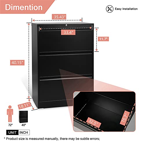 Reemoon 3 Drawer Metal Lateral File Cabinet With Lock, Lockable Steel Filing Cabinet For Letter/Legal Size, Assemble Required,Black #TOP2