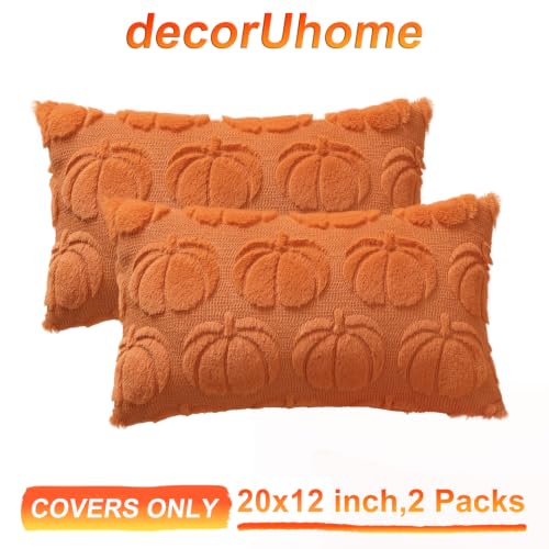 Image of decorUhome Fall Decorative Orange Pumpkin Throw Pillow Covers 12x20 Set of 2, Soft Faux Fur Plush Farmhouse Accent Pillow Cases for Couch Bed Sofa Autumn Harvest Halloween Holiday Home Decor