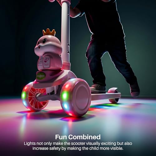 Image of Baybee Dino Crown Kick Scooter for Kids | 3 Wheel Kick Scooter with RGB LED Wheels & Music | 3 Height Adjustable Handle & Rear Brake | Foldable Scooter for Kids 3 to 8 Years Boys & Girls (Lite Pink)