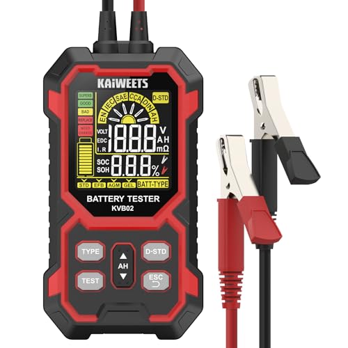 KAIWEETS Tester Batteria Auto 12V/24V Digitale Test Batteria Auto 50–2000 CCA con Analisi SOH/SOC Display LCD Test Avviamento per Veicolo/SUV/Veicolo