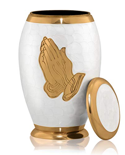 Nazareth Store Beautiful Adult Cremation Urn for Human Ashes Elegant Elite Pearl White and Gold Praying Hands, Hand Made Brass Classy Finish to Honor Your Loved One - with Velvet Box