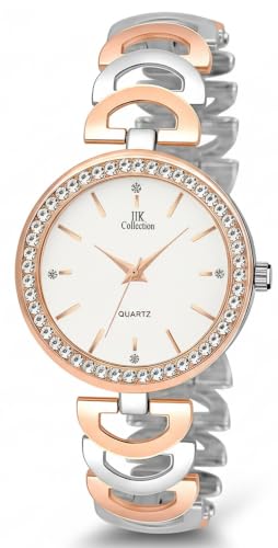 Image of IIK COLLECTION Watches for Women Round Studded Dial |Analogue Quartz Movemnet Ladies Watch|Long Battery Life|Stainless Steel Adjustable Bracelet Chain Strap|Double Lock Clasp Safety Watches for Girls