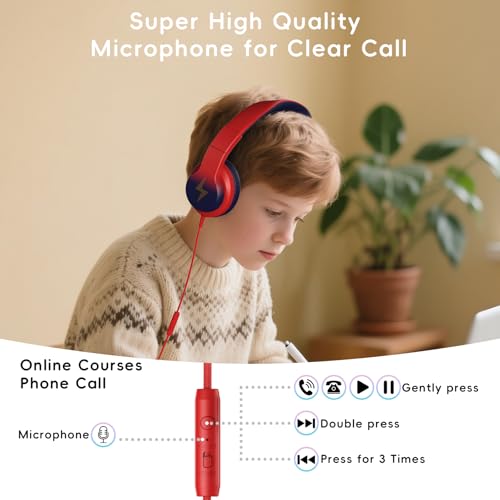 Image of Candy Bila Kids Headphones, Wired Headphones for Kids Over Ear with Microphone, 85 /94dB Volume Headphone for Girls Boys, Foldable Headphone for Learning & Entertainment, Gradient red to Dark Blue