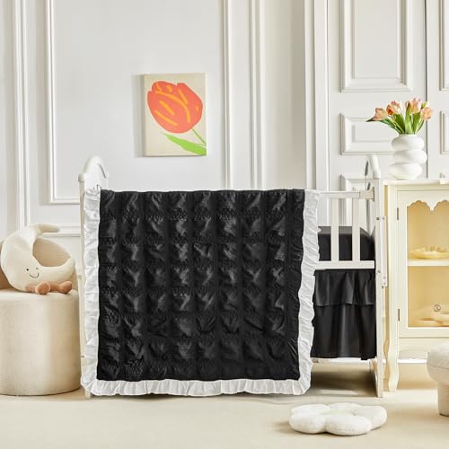 Image of Ruffled Crib Bedding Set Baby Boho Quilted Comforter with Fitted Sheet and Bed Skirt - Cute Soft Breathable Seersucker Ruffled Shabby Chic Bedding Soft Blanket Design - Black
