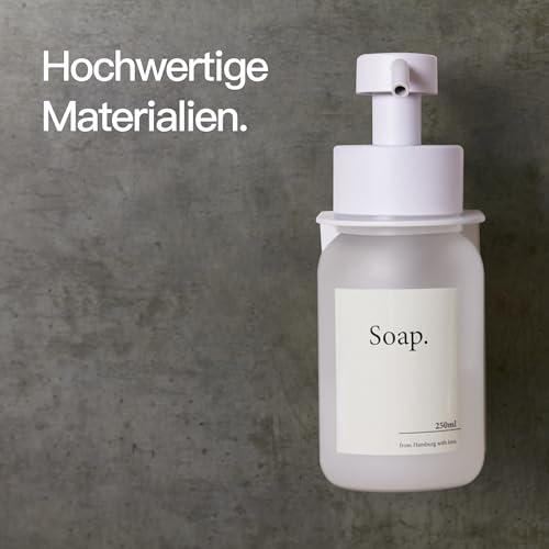 Designfabrik Hamburg Dispenser sapone | Bianco/Satinato | a parete | Dispenser in vetro con pompa inox e supporto adesivo | Per sapone o detersivo in bagno e cucina - 5