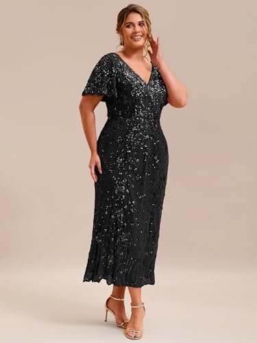 Image of Ever-Pretty Plus Women's Sequin V Neck Plus Size Prom Dress Mermaid Formal Cocktail Evening Dresses for Curvy Women