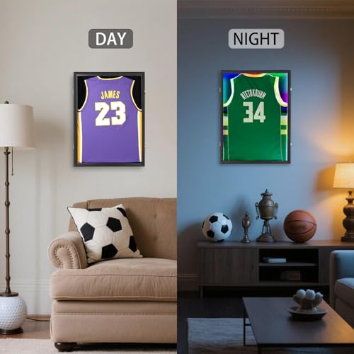 Image of IHEIPYE LED Jersey Frame Display Case - Shadow Box with LED Light - Black Lock, UV Resistant Acrylic Wall Mount Display Case for Football, Baseball, Basketball Jersey with Light