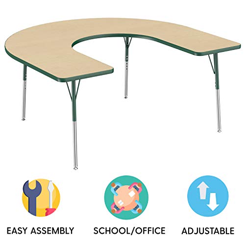 Image of FDP Horseshoe Activity School and Office Table (60 x 66 inch), Standard Legs with Swivel Glides for Collaborative Seating Environments, Adjustable Height 19-30 inches - Maple Top and Green Edge