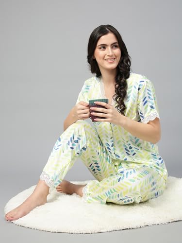 Image of KOTTY Women's Printed Satin Night Suit Shirt & Pyjama Set