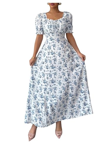Verdusa Women's Boho Floral Flowy Maxi Dress Ruched Bow Puff Sleeve Flared Summer Wedding Guest Dresses