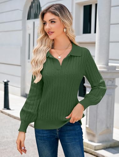 Image of JUSTFASHIONNOW Womens Sweaters Polo V Neck Cable Knit Sweater Dressy Casual Pullover Jumper Tops Fall Winter Trendy
