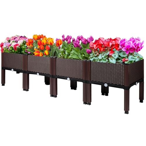 NUCARTURE Garden Fence Raised Garden Bed Elevated Planter Box with Legs and Drainage Holes Vegetable Grow Box for Plants Herbs and Flower Indoor & Outdoor (Brown, 4 pcs)