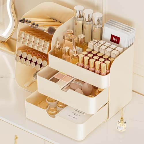 Image of Booklov Makeup Organizer for Vanity, Countertop Cosmetic Display Case with Drawer, Bathroom Counter Beauty Caddy, Comfyroom Table Storage Holder for Skincare, Brush Eyeliner Eyeshadow Lipsticks, Creem