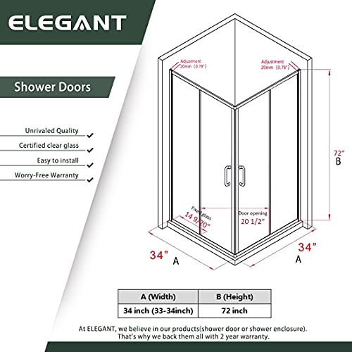 Elegant Corner Shower Enclosure Sliding Door 34'' D X 34'' W X 72'' H Double Sliding Shower Doors 1/4 In.clear Glass French Corner Enclosure,Brushed Nickel (Shower Base No Included) #TOP5