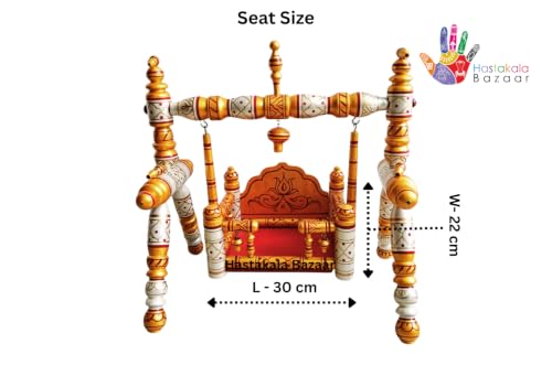 Image of Stronge Wooden Foldable Laddu Gopal Jhula | Krishna Jhula | Krishna Palana Hindola | Wooden God Jhula Big Size | Royal & Antique for Pooja Home (Pearl White Yellow -Cherry Golden)
