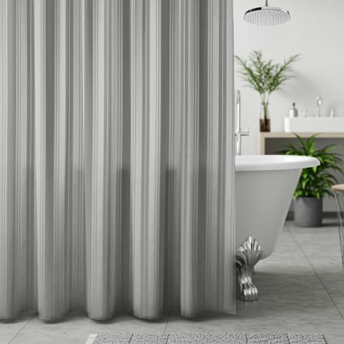 Image of Wakefit Shower Curtain 7 Feet | 14 Free Hooks | No Plastic Smell | Waterproof Bathroom Curtain | Curtain for Balcony | Machine Washable Fabric | Grey Stripes | Height 7ft & Width 6ft | Very Premium