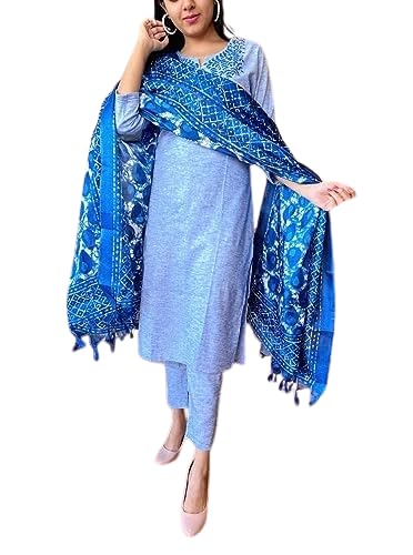 Image of Leaf Embroidered 3 /4 Sleeve Cotton Kurti Pant Set with Dupatta for Women