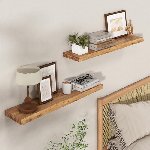 Image of 32 inch Floating Shelves for Wall Live Edge, Natural, 2PCs | 8'' D Rustic Solid Elm Wood, Wall Mounted, Wall Shelves, Invisible Bracket, Living Room Bedroom Kitchen