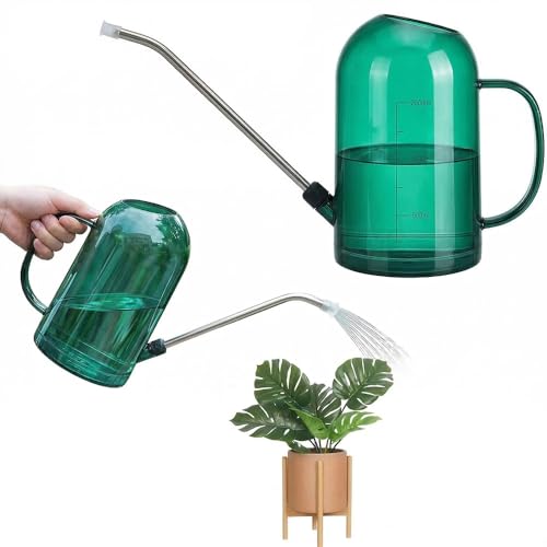 JetWave じょうろ 水差し 園芸 プラスチック製 透明ボディ 目盛り付き 1L容量 金属製23cm長い噴口 観葉植物やガーデニングに最適 園芸用品 (2L-グリーン)