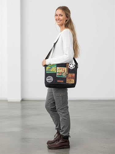 Image of The House of tara Distressed Cotton Canvas Messenger Bag for Men and Women | Printed Crossbody Sling Bag With Laptop Compartment (Upto 15.6 Inch), Broad Adjustable Straps (Phantom Black)