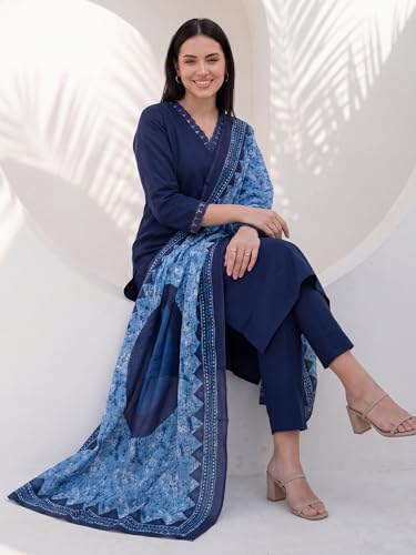 Image of INDO ERA Women's Pure Cotton Solid Solid kurta & Pant with Dupatta Set | Cotton Kurta Set For Woman