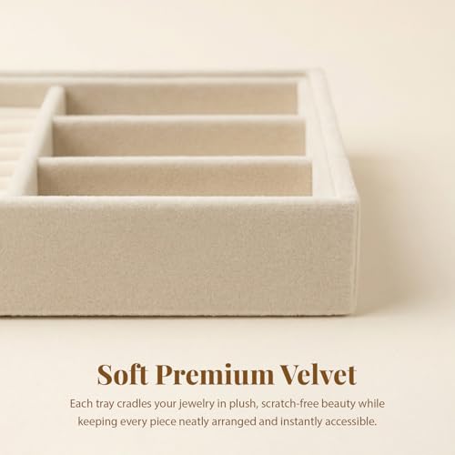 Image of Elsjoy 8 Pack Velvet Jewelry Trays, Stackable Jewelry Organizer Trays for Drawers, Beige Jewelry Storage and Display Tray Inserts for Necklaces, Rings, Earrings