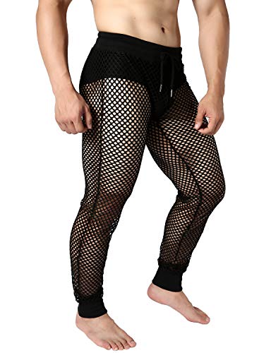 JOGAL Men's Mesh Fishnet See Through Pants Stretchy Muscle Leggings3